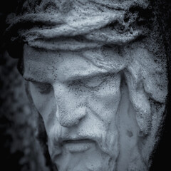  Close up Jesus Christ crown of thorns. Fragment of antique statue.