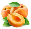 Apricots with leaves and apricot slices isolated on a white background.