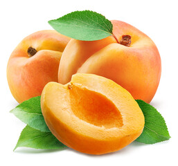 Wall Mural - Apricots with leaves and apricot slices isolated on a white background.