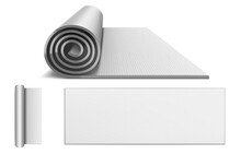 Yoga Mat, Carpet From Rubber Foam For Pilates, Sport Training And Meditation. Vector Realistic Mockup Of Gym Equipment, Rolled Up And Spread Out Blank Mattress For Yoga, Fitness And Exercise Top View