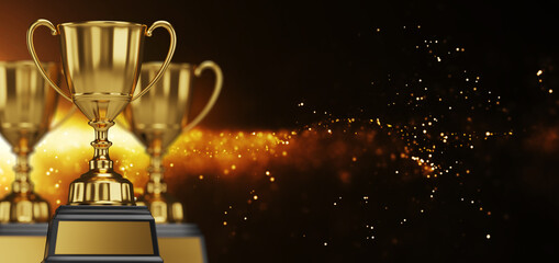 close up golden trophy award with falling confetti. copy space for text. 3d rendering.