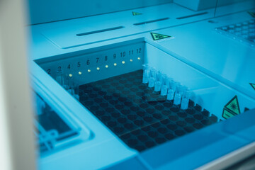 Various test tubes under the blue glass of modern equipment