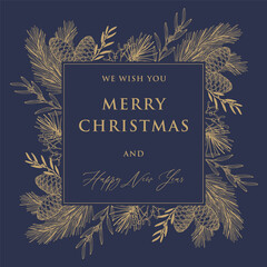 Wall Mural - christmas and new year cards with pine tree branches and cones. hand drawn vector