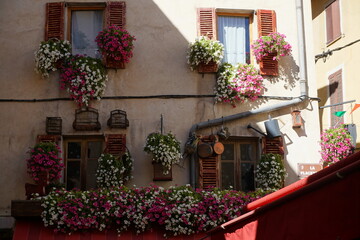 Canvas Print - facade of a town house with flower pots everywhere