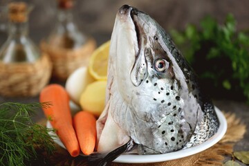 Ingredients for the fish soup - salmon head, potatoes, carrots, onions, lemon, bay leaves, dill, and parsley.