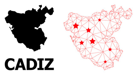 Wall Mural - Wire frame polygonal and solid map of Cadiz Province. Vector model is created from map of Cadiz Province with red stars. Abstract lines and stars form map of Cadiz Province.