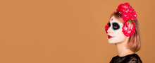 Profile Headshot Photo Of Calavera Katrina Latin Folklore Creature Prepare Masqeurade Main Role Wear Black Dress Death Carnival Costume Roses Headband Isolated Gray Color Background