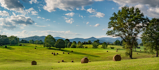 hay bales in pasture on horse farm in shadow of the blue ridge mountains in central virginia near ch
