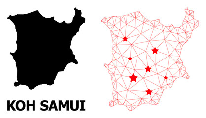 Wall Mural - Mesh polygonal and solid map of Koh Samui. Vector model is created from map of Koh Samui with red stars. Abstract lines and stars form map of Koh Samui.