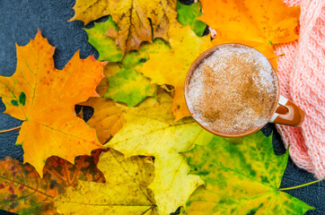 Wall Mural - Cup of cappuccino coffee sits on maple leaves next to an orange scarf. Autumn mood concept, family holiday, thanksgiving, home weekend. Beautiful autumn background