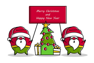 Two outline cartoon Santas Claus stay near fir tree with gifts and hold flag for Merry Christmas greetings. Simple vector for Christmas holiday. Trendy line art Santa with announcements tag.