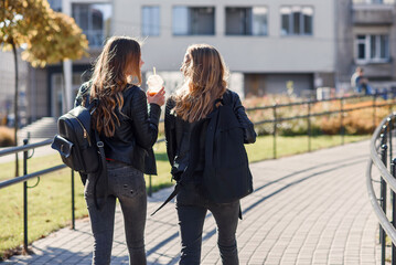 Back view of teen pretty girlfriends with backpacks walking on the street.