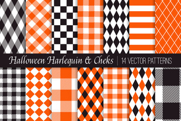 Wall Mural - Halloween Orange, Black and White Harlequin, Checkerboard and Gingham Plaid Vector Patterns. Repeating Pattern Swatches Included.