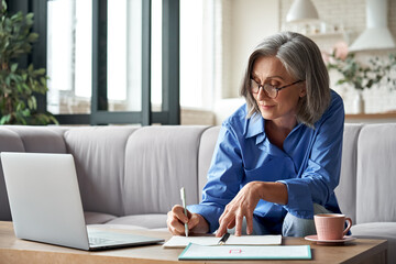 Wall Mural - happy stylish mature old woman remote working from home distance office on laptop taking notes. smil