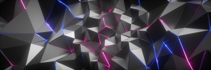 Wall Mural - 3d render. Horizontal panoramic wallpaper, abstract crystallized background. Futuristic crystal texture, geometric polygonal metallic structure with pink blue neon glow