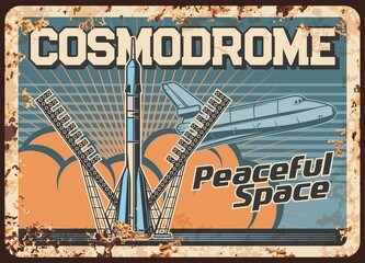 Poster - Space explore vector rusty metal plate, mother missile take off cosmodrome, rocket booster with shuttle on board take off Earth surface vintage rust tin sign. Cosmos research mission retro poster