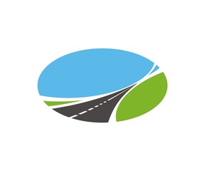 Wall Mural - Road, pathway, highway vector icon. Tapering paved road running through green fields with blue sky isolated on white background. Travel or transportation service design element, two lane driveway sign