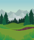 Fototapeta Las - Landscape of pine trees in front of mountains design, nature and outdoor theme Vector illustration