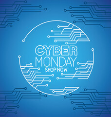 Wall Mural - cyber monday with circuit on blue background design, sale ecommerce shopping online theme vector ill
