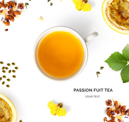 Creative layout made of cup of passion fruit  tea, green tea, fruit and herbal tea on white background.Flat lay. Food concept.