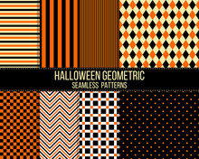Black And Orange Halloween Geometric Vector Seamless Patterns Set
