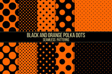 Black And Orange Polka Dots Halloween Vector Seamless Patterns Set