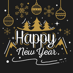 Poster - Happy new year with pine tree mountains and spheres design, Welcome celebrate and greeting theme Vector illustration