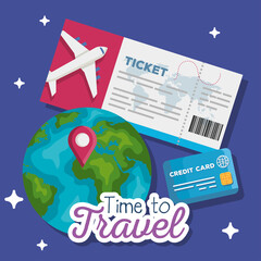 Canvas Print - time to travel ticket world and credit card design, trip tourism and journey theme Vector illustration