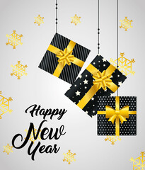 Poster - Happy new year gifts hanging and snowflakes design, Welcome celebrate and greeting theme Vector illustration