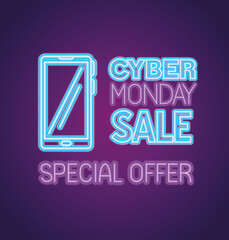 Wall Mural - cyber monday neon with smartphone design, sale ecommerce shopping online theme vector illustration