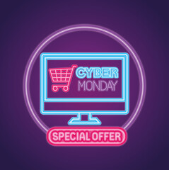 Wall Mural - cyber monday neon with cart in computer design, sale ecommerce shopping online theme vector illustra