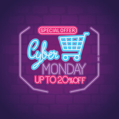 Wall Mural - cyber monday neon with cart design, sale ecommerce shopping online theme vector illustration