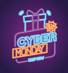 Wall Mural - cyber monday neon with gift design, sale ecommerce shopping online theme vector illustration