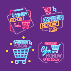 Wall Mural - cyber monday neon icon collection design, sale ecommerce shopping online theme vector illustration