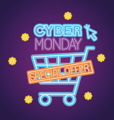 Wall Mural - cyber monday neon with cart and cursor design, sale ecommerce shopping online theme vector illustrat