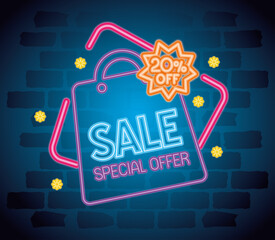 Wall Mural - cyber monday neon with bag design, sale ecommerce shopping online theme vector illustration