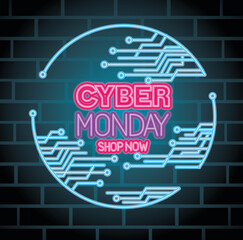 Canvas Print - cyber monday neon with circuit design, sale ecommerce shopping online theme Vector illustration