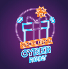 Wall Mural - cyber monday neon with gift design, sale ecommerce shopping online theme vector illustration