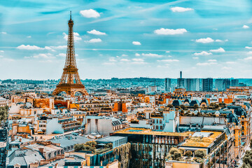 Fototapete - Beautiful panoramic view of Paris from the roof of the Triumphal Arch. View of the Eiffel Tower.