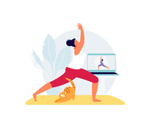 Girl And Cat Online Practicing Yoga With A Coach Online. Fitness Online In Quarantine Vector Illustration