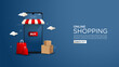 Online shopping background, with 3d illustrations of mobile phones and shopping bags.
