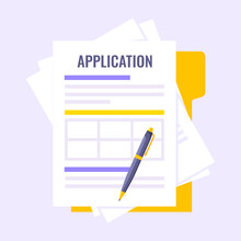 Application Document Form Submit Flat Style Design Icon Sign Vector Illustration Isolated On Light Purple Background. Complete Application Or Survey Document Business Concept With Text Contract.