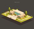 High school or University isometric low poly illustration