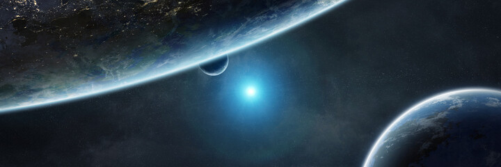 Leinwandbilder - Panoramic space planets background. Panorama of distant solar system with exoplanets 3D rendering elements of this image furnished by NASA