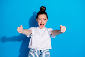 Canvas Print - Portrait of her she nice attractive pretty lovely funny cheerful glad girl holding in hands turning invisible steering wheel isolated on bright vivid shine vibrant blue color background