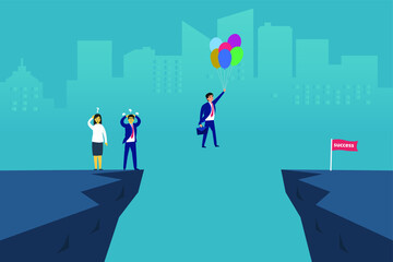 Wall Mural - business competition vector concept: clever businessman flying with balloon toward success flag and 
