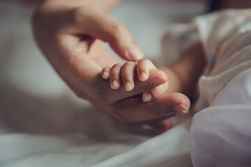 Wall Mural - newborn baby holding mother's hand.