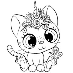 Canvas Print - Kitty unicorn outlined for coloring book isolated on a white background