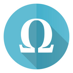 Aufkleber - Omega vector icon, flat design blue round web button isolated on white background