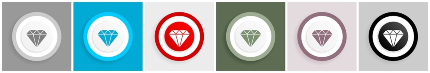 Poster - diamond jewel, brilliant, treasure icon set, colorful flat design vector illustrations in 6 options 